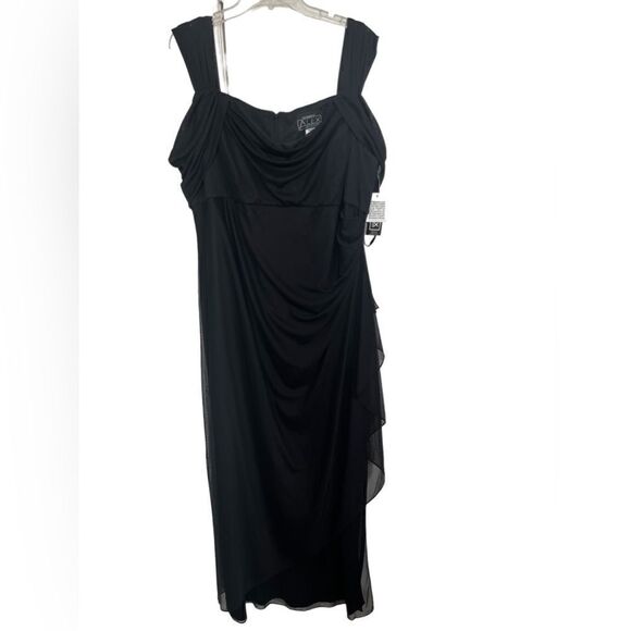 Alex Evenings Black Cold Shoulder Mesh Gown with Cowl Neckline & Overlay Skirt - Picture 2 of 9